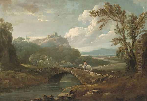 A horse and rider on a stone bridge Oil Painting by Richard Wilson