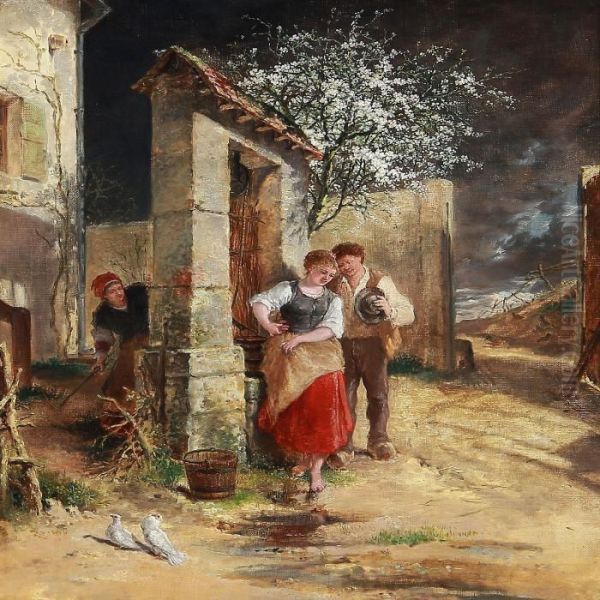 A Mother Keeps An Eye On A Young Couple At A Well Oil Painting by Antony Serres