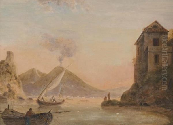 A Xebec Anchored Off The Neapolitan Coast With Vesuvius Erupting Beyond Oil Painting by John Thomas Serres