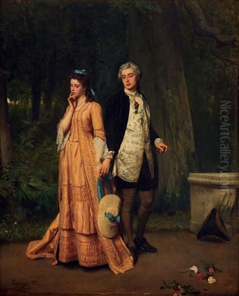 Couple De Galants Avec A Droite Des Fleurs Parsemees A Terre Oil Painting by Auguste Serrure