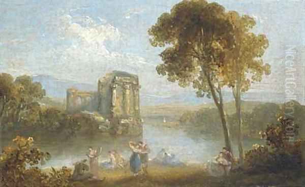 Figures resting in an Italianate landscape; and Figures dancing by a ruined temple and a lake Oil Painting by Richard Wilson