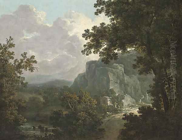 An extensive wooded river landscape with classical ruins Oil Painting by Richard Wilson