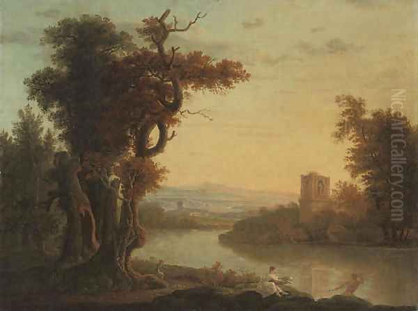 An extensive wooded river landscape with figures in the foreground, a classical ruin beyond Oil Painting by Richard Wilson