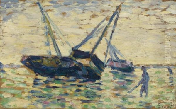 Trois Bateaux Et Un Marin (etude Pour L'echouage A Grandcamp) Oil Painting by Georges Seurat