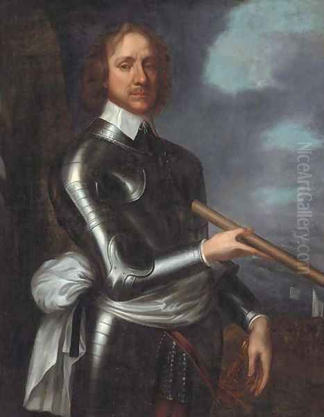 Portrait of Oliver Cromwell (1599-1658), three-quarter-length, in armour, holding a baton, a naval landing beyond Oil Painting by Robert Walker