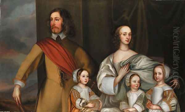 Group portrait of Alexander Popham of Littlecote, Wiltshire, with his wife, Letitia Carre, and three daughters, Essex, Letitia and Anne, by a window w Oil Painting by Robert Walker