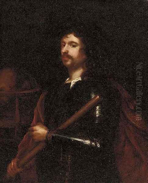 Portrait of a gentleman, small three-quarter-length, in armour and a red cloak Oil Painting by Robert Walker