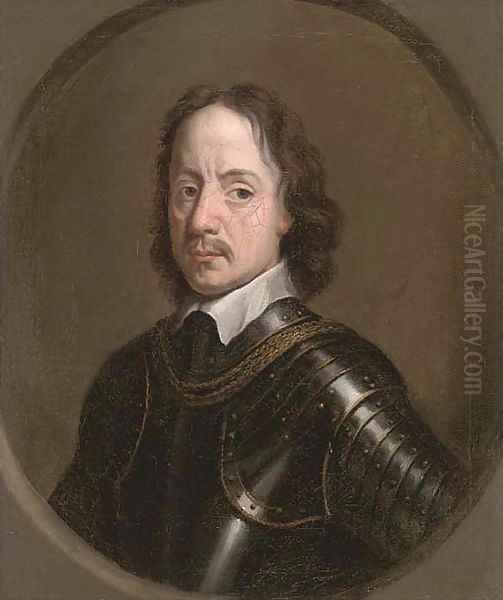 Portrait of Oliver Cromwell (1599-1658), bust-length, in armour, feigned oval Oil Painting by Robert Walker