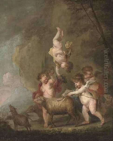 A wooded landscape with putti disporting with sheep Oil Painting by Frans Wouters