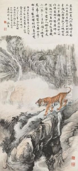 Tiger Prowling Oil Painting by Zhang Shanzi