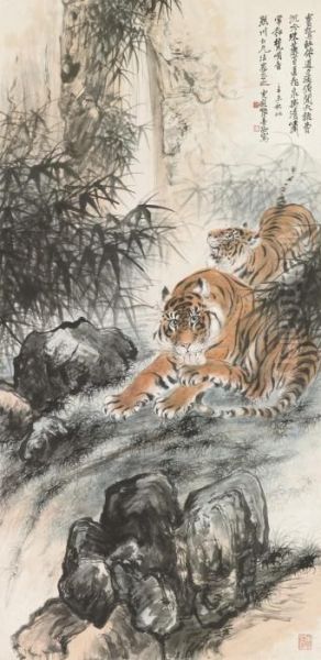 Two Tigers Oil Painting by Zhang Shanzi