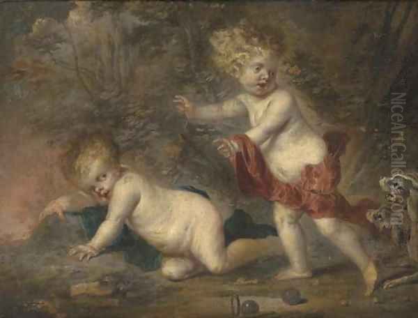 Putti disporting in a wooded clearing, surprised by two dogs Oil Painting by Frans Wouters