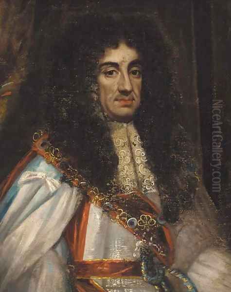 Portrait of Charles II (1630-1685), half-length, in Garter robes Oil Painting by John Michael Wright