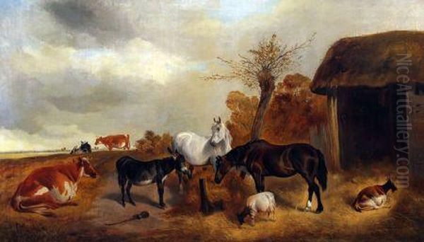 Cows, Donkey, Horses And Goats Before A Barn Oil Painting by Snr William Shayer