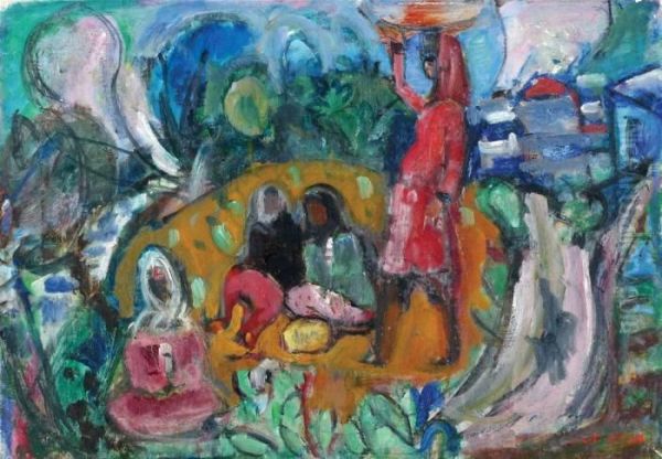 Women In Safed Market Oil Painting by Menachem Schmidt Shemi