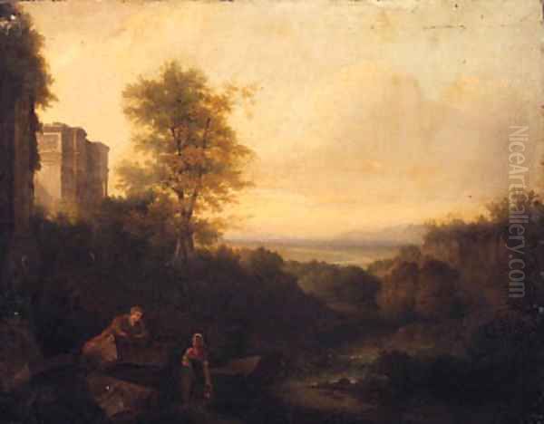 Figures Resting In A Classical Landscape Oil Painting by Of Richard Wilson