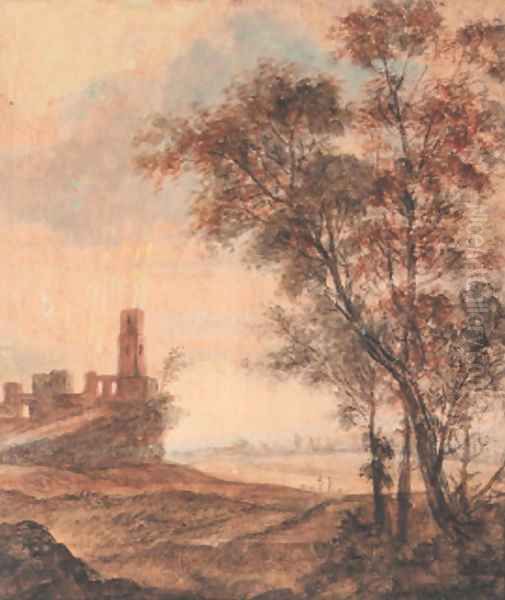 A hilly landscape with a ruin on a hill, trees in the foreground Oil Painting by Anthonie Waterloo