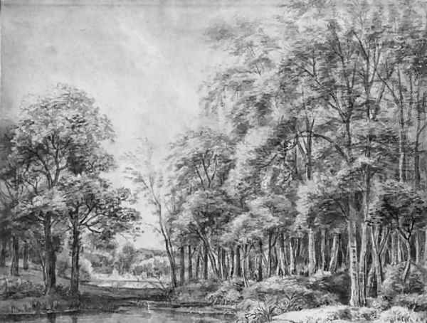 A pond on the margin of a wood, with buildings by a pool beyond Oil Painting by Anthonie Waterloo