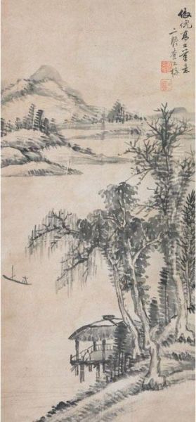 Landscape In Style Of Ni Yunlin Oil Painting by Zha Shibiao