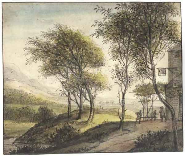 An extensive landscape with a tavern among trees to the right Oil Painting by Anthonie Waterloo