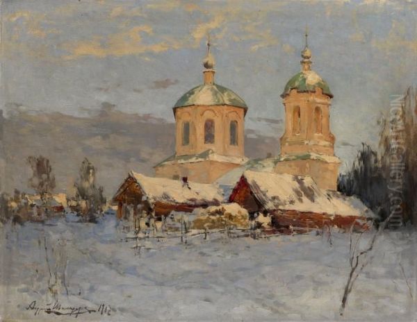 A Village Church Oil Painting by Andrei Nikolaevich Shilder