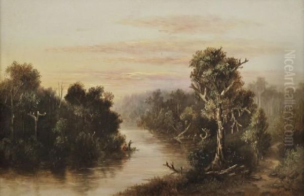 Senior River Scene With Fisherman Oil Painting by William Wackenbath Short