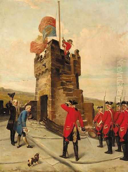 Raising a flag on a military battlement Oil Painting by John Cheltenham Wake