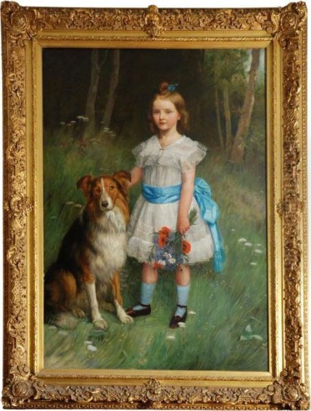 Bambina Con Cane Collie E Mazzo Di Fiori Oil Painting by Eugene Siberdt