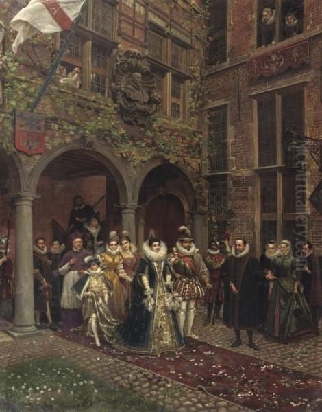 Isabella Of Spain And Albrecht Vii Of Austia Visiting De Gulden Passer, Antwerp Oil Painting by Eugene Siberdt