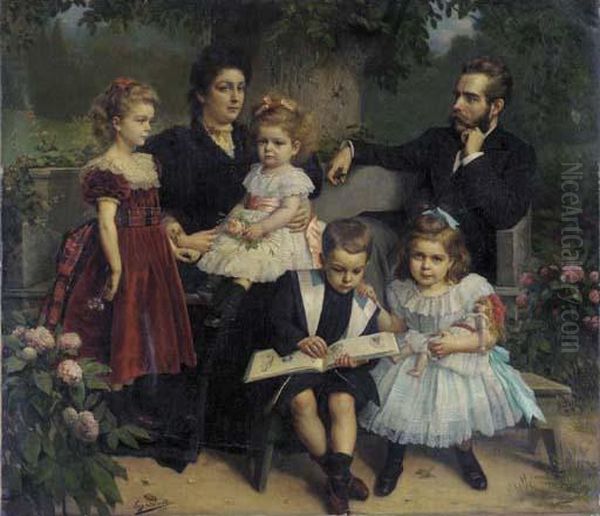 A Group Portrait Of A Family In A Garden Oil Painting by Eugene Siberdt