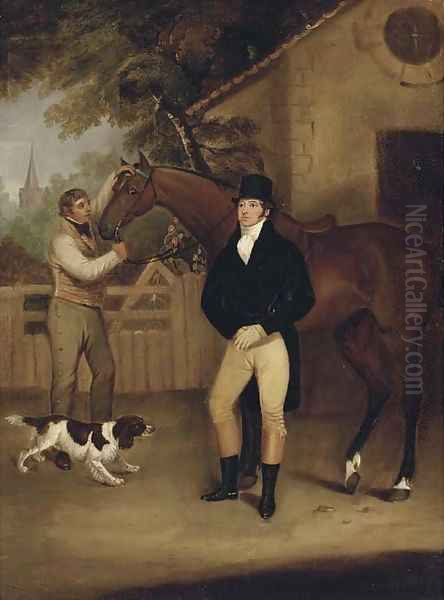 Portrait of a gentleman with his bay hunter held by a groom Oil Painting by Francis Wheatley