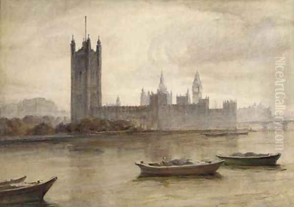 The Houses of Parliament from the South Bank Oil Painting by Frank Wasley