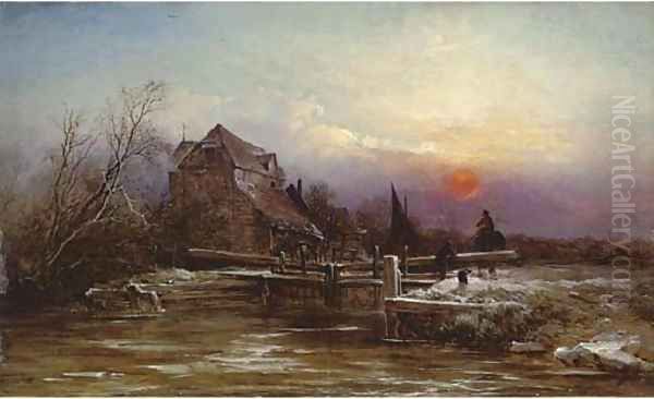 A lock in winter, sunset Oil Painting by George Augustus Williams