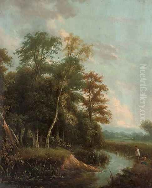 Anglers on a river bank in an evening landscape Oil Painting by George Augustus Williams