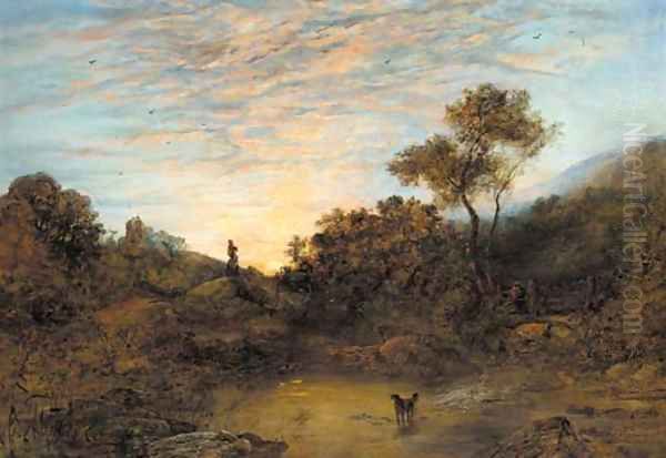 Figures by a stream at sunset Oil Painting by George Augustus Williams