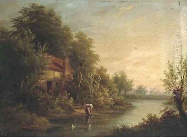 Figures by a cottage in a river landscape; and A goatherd on a wooded track Oil Painting by George Augustus Williams