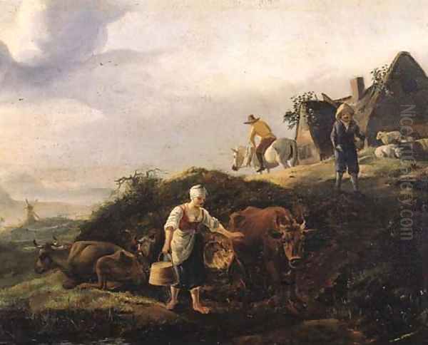 A milkmaid on a river bank, with travellers on a road by a farm in the dunes Oil Painting by Jan Wouwerman