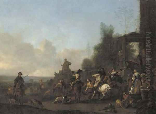 A hawking party at rest near a fountain Oil Painting by Pieter Wouwermans or Wouwerman