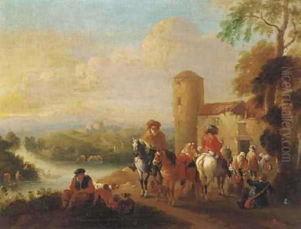 Mounted travellers at halt by an inn, a river and town beyond Oil Painting by Pieter Wouwermans or Wouwerman