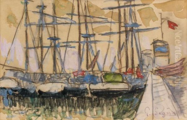 Bateaux A Quai Oil Painting by Paul Signac