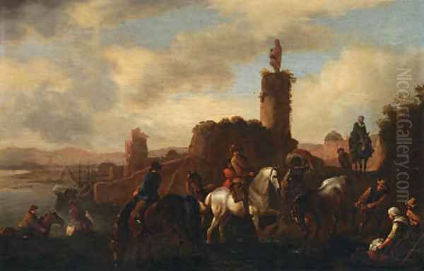 Travellers crossing a river Oil Painting by Pieter Wouwermans or Wouwerman