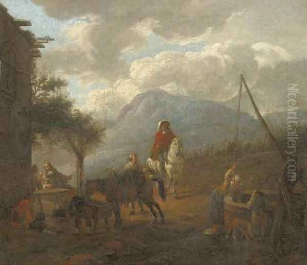 Travellers resting and watering their horses by an inn Oil Painting by Pieter Wouwermans or Wouwerman