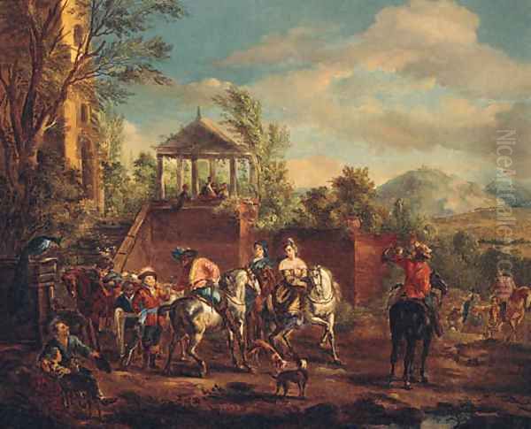 A hunting Party by a Terrace Oil Painting by Pieter Wouwermans or Wouwerman