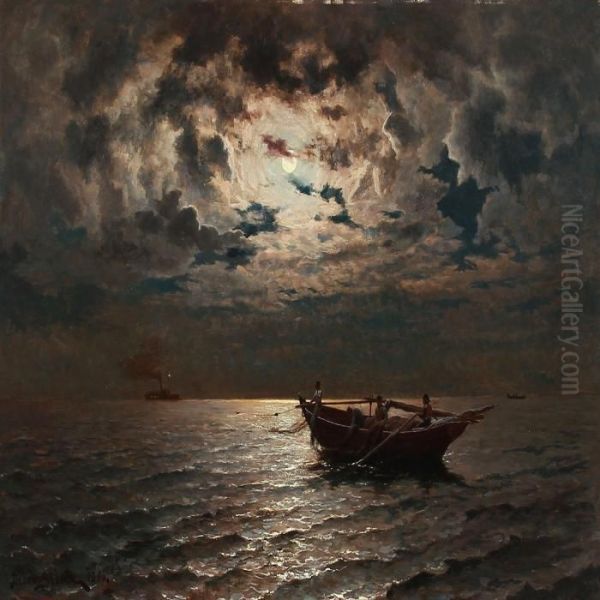 Fishermen On The Sea At Moonlight Oil Painting by Jacob Johan Silven