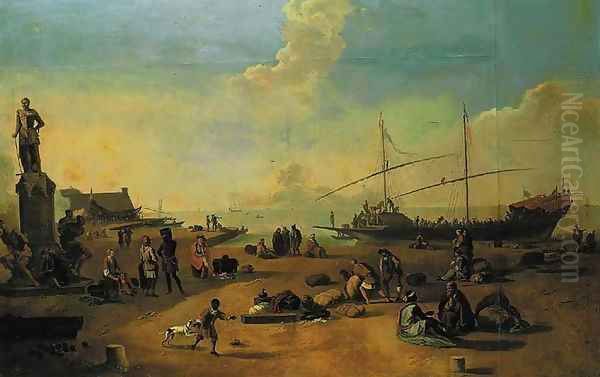 A capriccio of a Mediterranean quay with merchants, slaves, a galley and the monument of the Four Moors at Leghorn Oil Painting by Thomas Wyck