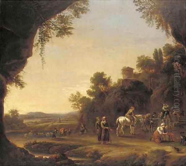 An Italianate landscape with travellers resting on a path near a river Oil Painting by Thomas Wyck