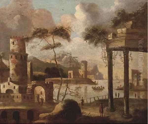 A capriccio of a Mediterranean harbour with shipping Oil Painting by Thomas Wyck