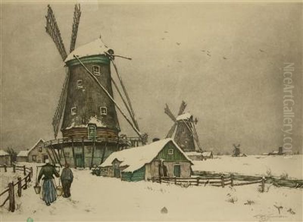 A Windmill Oil Painting by Tavik Frantisek Simon