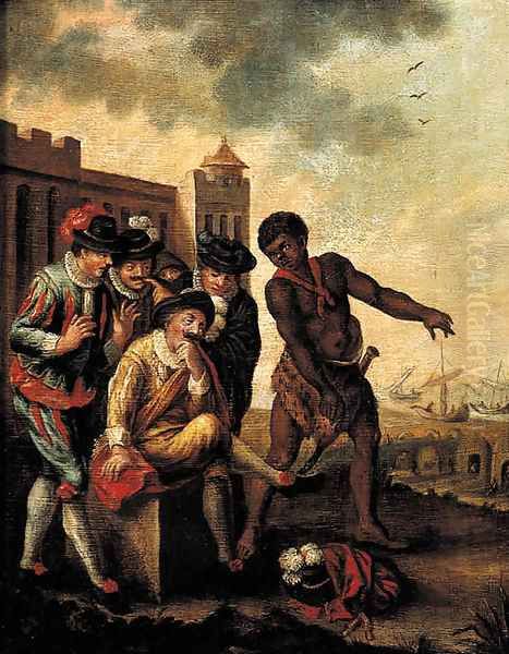 Merchants in fancy costume attended by a slave in a Mediterranean harbour Oil Painting by Thomas Wyck