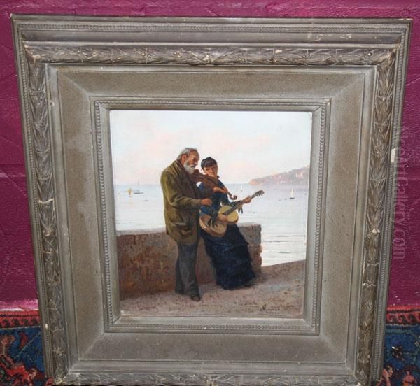 Young Lady Playing Guitar Standing Next To A Gentleman Playing A Violin Oil Painting by Alfonso Simonetti